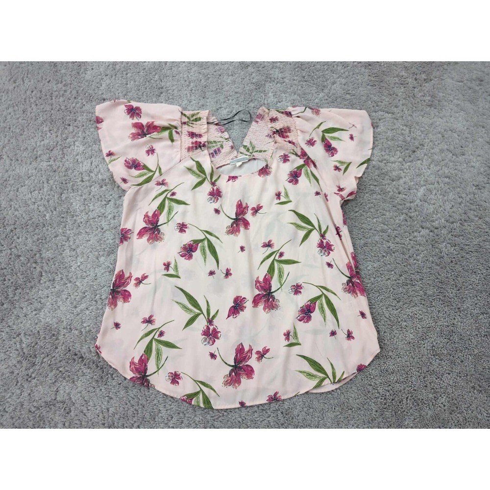 Pleione Blouse Womens L Pink Floral Smoked Shoulder Flutter Short Sleeve‎ Sheer
